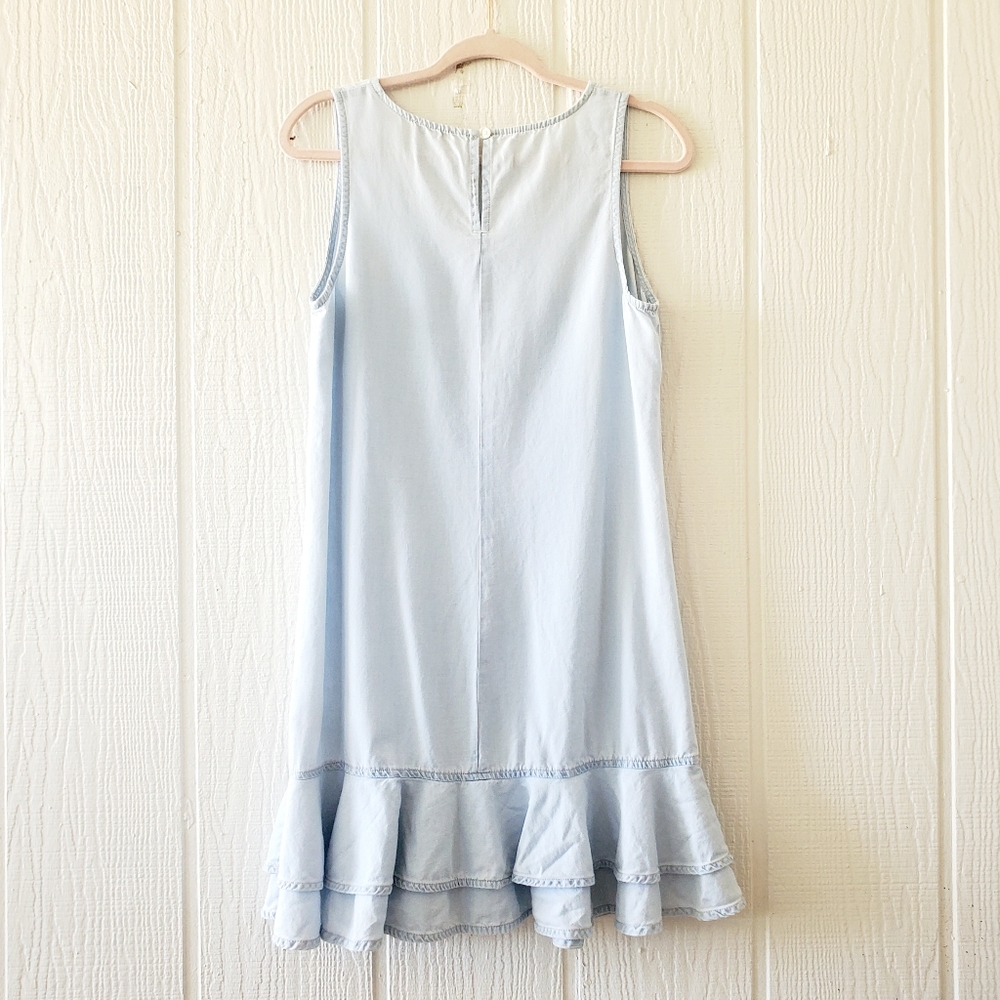 Ella Moss Boho Chambray Sleeveless Ruffle Hem Mini Dress Light Blue Medium - Picture 2 of 6